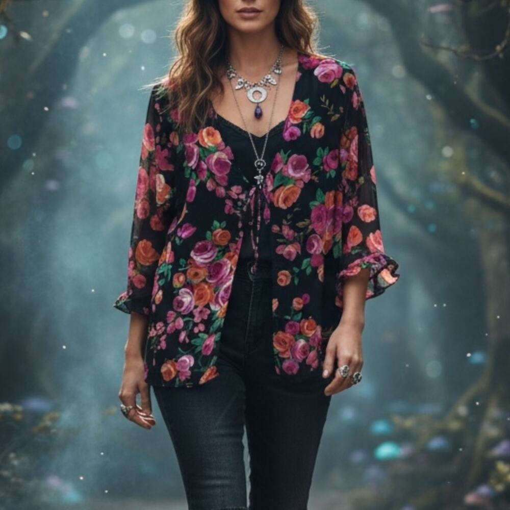 A Wild Thyme Y2K Womens Semi Sheer Black Dark Floral Blouse Whimsigoth Fairy M